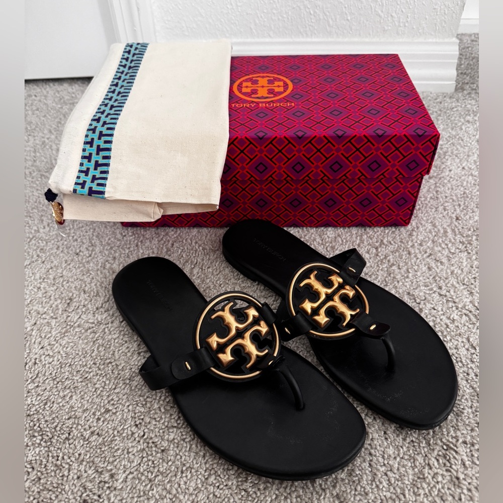 Tory Burch Black and Gold Metal Miller Soft Leather Sandal
